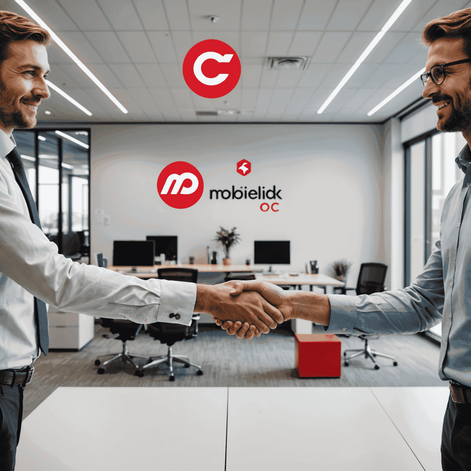 Mobiverdik and Batelco logos side by side, symbolizing partnership in a modern office setting with employees from both companies shaking hands