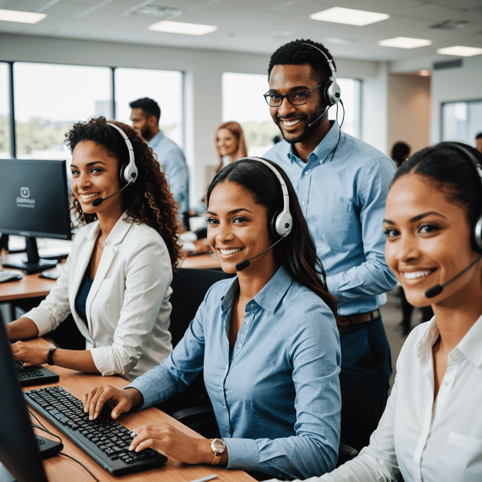 Batelco customer support team members smiling and ready to assist customers with their inquiries. The image shows a diverse group of professionals in a modern office setting, wearing headsets and working on computers.