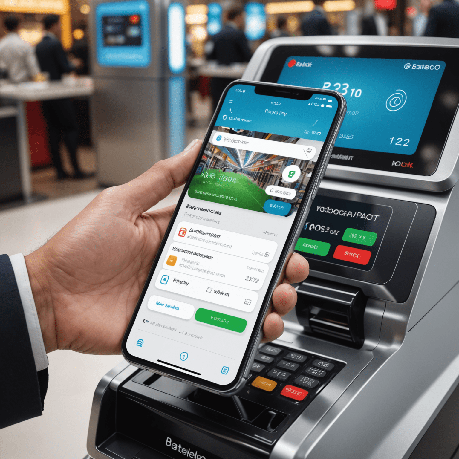 Futuristic visualization of seamless payment process with holographic interfaces showing Batelco quick pay options powered by Mobiverdik technology